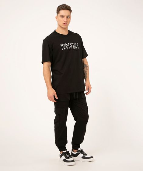 calça de sarja jogger ampla cargo  preto