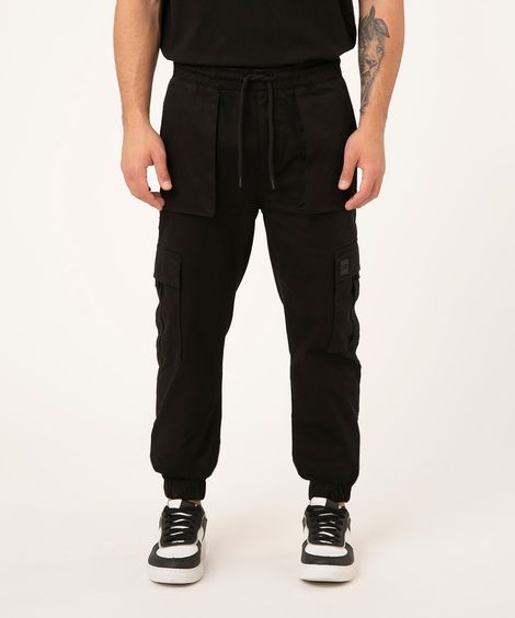 calça de sarja jogger ampla cargo  preto