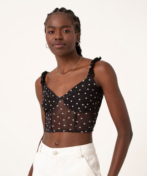 top cropped corset alça fina poá  preto