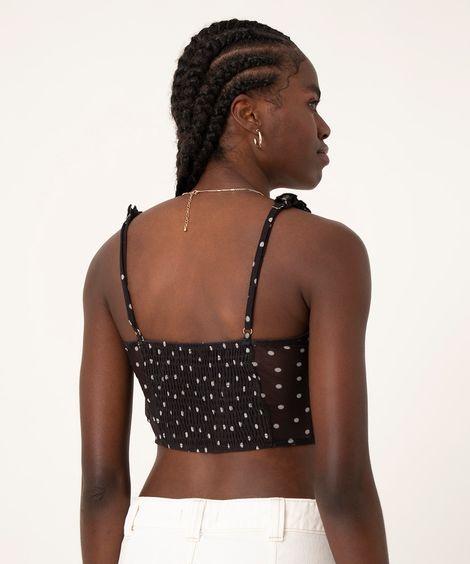 top cropped corset alça fina poá  preto
