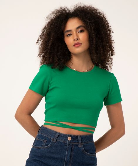 blusa cropped canelada com amarração verde