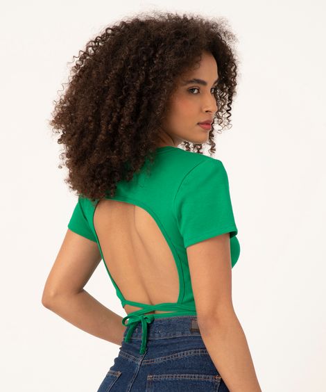 blusa cropped canelada com amarração verde