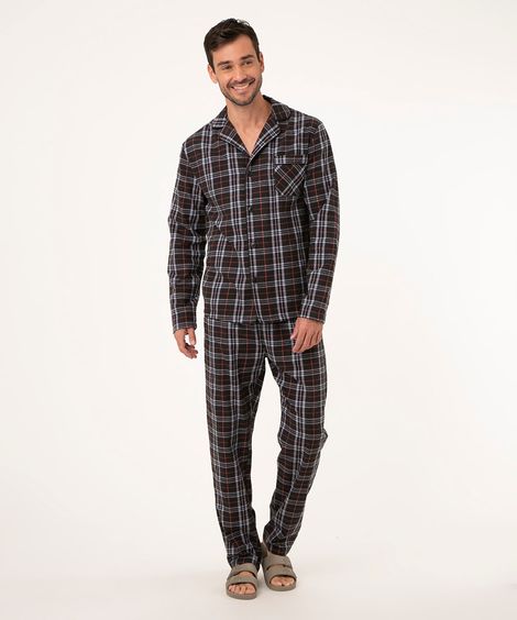 pijama em flanela xadrez camisa manga longa azul marinho