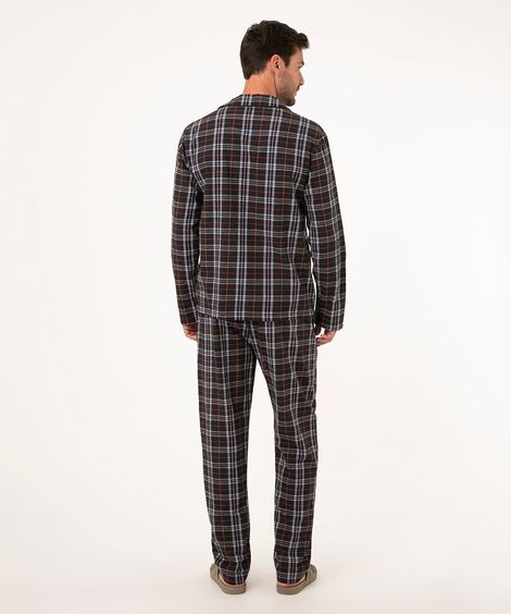 pijama em flanela xadrez camisa manga longa azul marinho