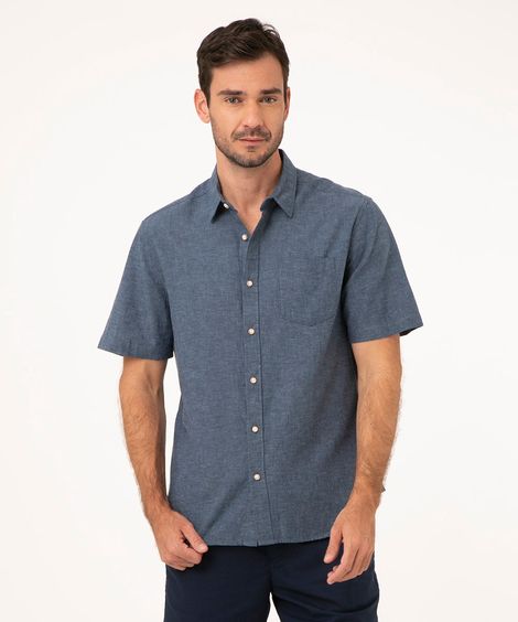 camisa comfort de linho manga curta azul médio