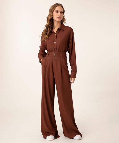 calça wide de viscose cintura alta botões marrom