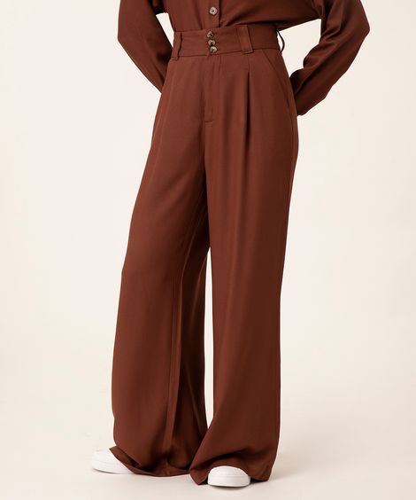 calça wide de viscose cintura alta botões marrom