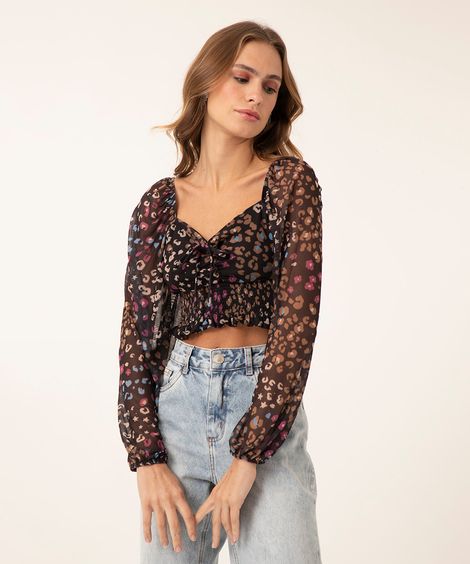 blusa manga longa de tule animal print  preto