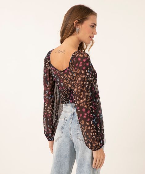 blusa manga longa de tule animal print  preto