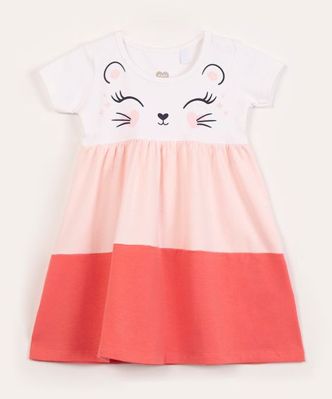 vestido infantil manga curta de algodão com recortes gatinho off white