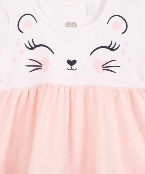 vestido infantil manga curta de algodão com recortes gatinho off white