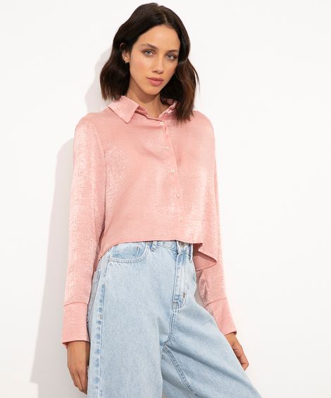 camisa cropped de cetim manga longa mindset rosa