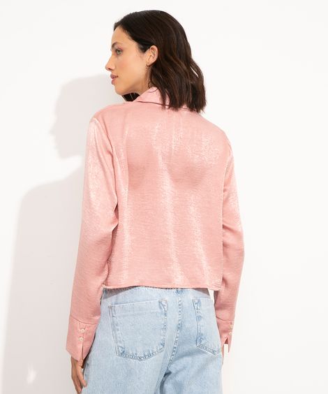 camisa cropped de cetim manga longa mindset rosa