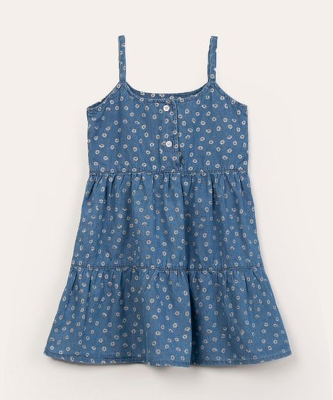 vestido infantil jeans floral com recortes azul médio