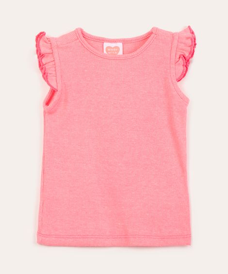blusa canelada infantil manga frufru rosa neon