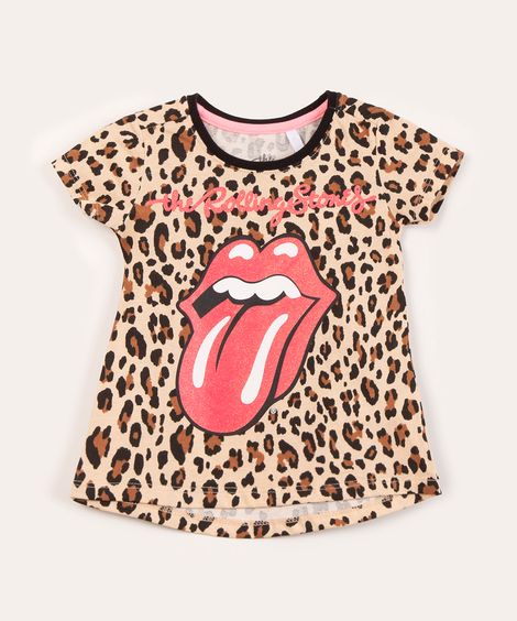 blusa infantil manga curta animal print the rolling stones marrom