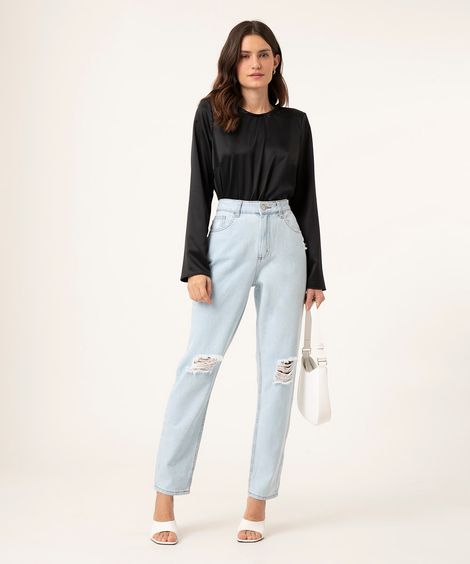Calça Jeans Feminina Mom Cintura Alta Destroyed Azul Claro