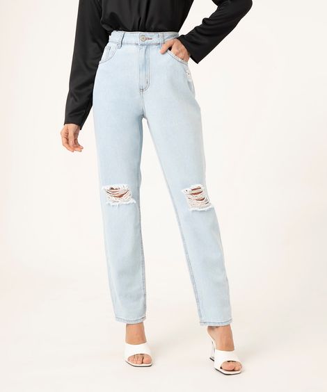 Calça Jeans Feminina Mom Cintura Alta Destroyed Azul Claro