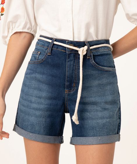 Short Jeans Cintura Média com Cinto Corda Azul Médio
