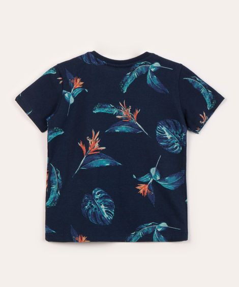 camiseta infantil de algodão folhagens azul marinho