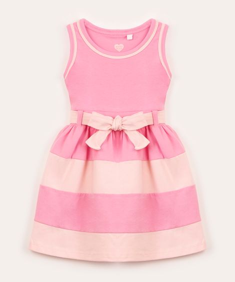 vestido infantil sem manga com recortes e faixa rosa