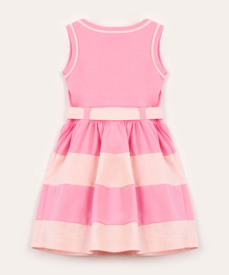 vestido infantil sem manga com recortes e faixa rosa