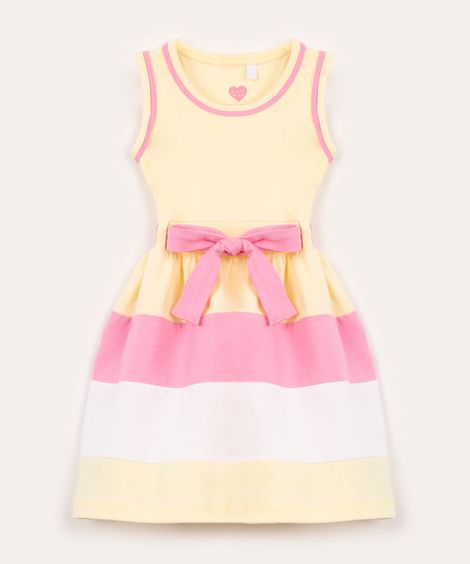 vestido infantil sem manga com recortes e faixa amarelo