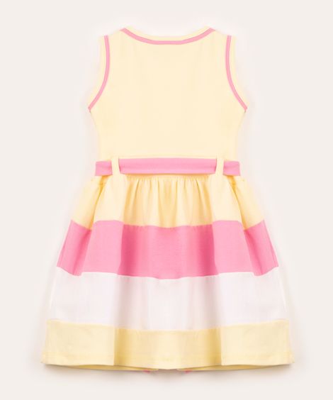 vestido infantil sem manga com recortes e faixa amarelo
