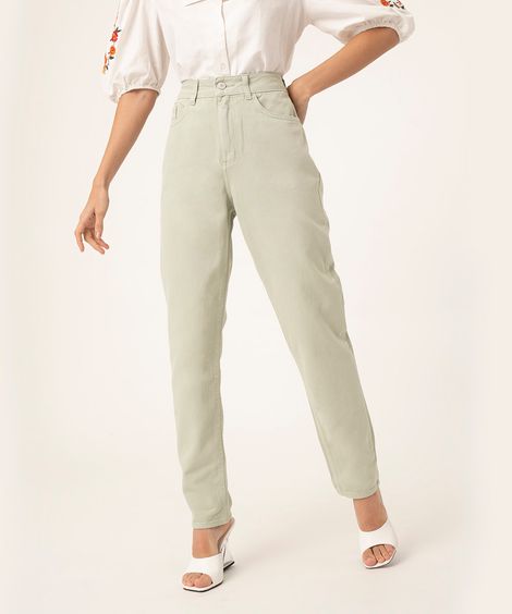 calça de sarja mom básica cintura super alta  verde claro