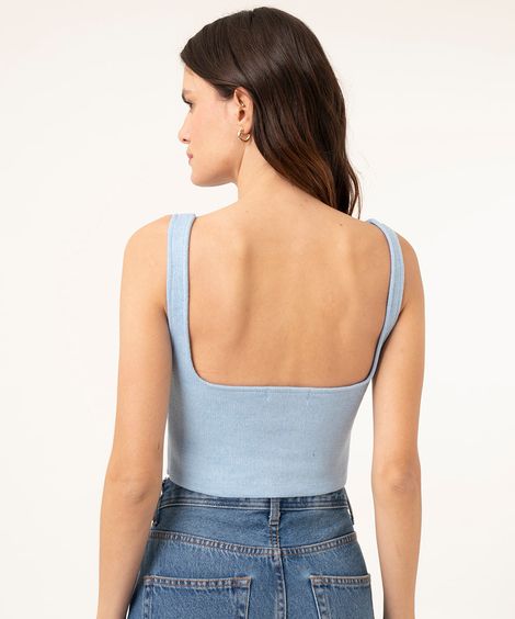 blusa cropped de tricô decote coração azul