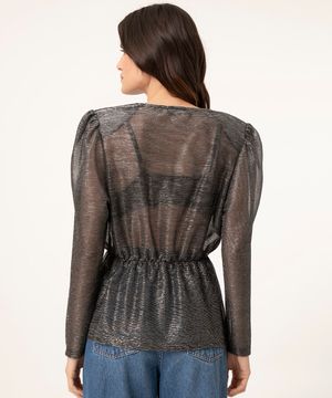 blusa glam manga longa com ombreiras preto