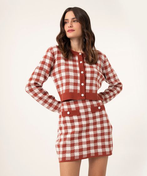 minissaia de tricô vichy  marrom