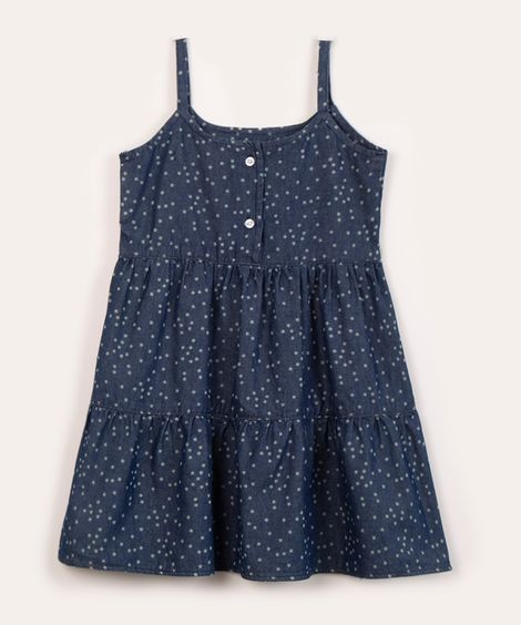 Vestido Jeans Infantil Estampado de Estrelas com Babados Sem Manga Azul Escuro