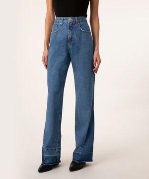 calça wide leg jeans cintura super alta azul médio