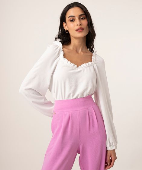 blusa manga longa com babados off white