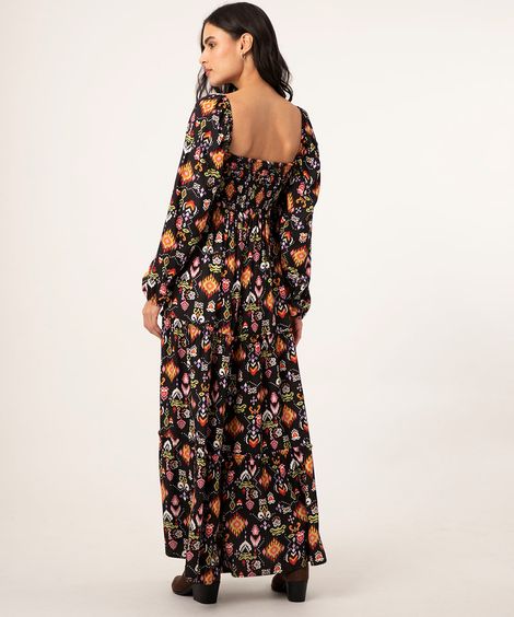 vestido longo de viscose paisley manga bufante preto