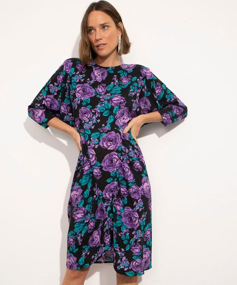 vestido curto floral manga 3/4 com ombreira mindset preto