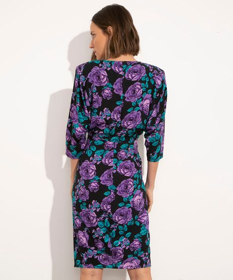 vestido curto floral manga 3/4 com ombreira mindset preto