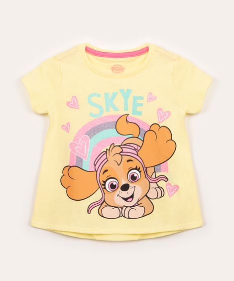 camiseta infantil manga curta skye patrulha canina glitter amarelo