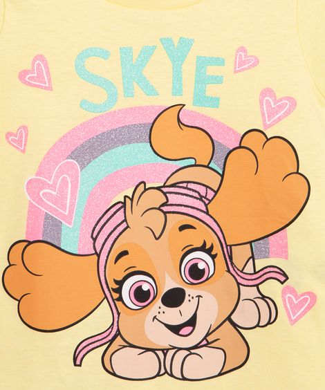 camiseta infantil manga curta skye patrulha canina glitter amarelo