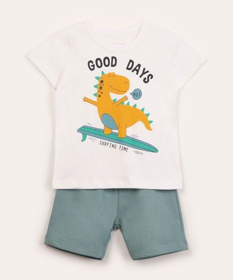 conjunto infantil manga curta + short dinossauro surf  off white