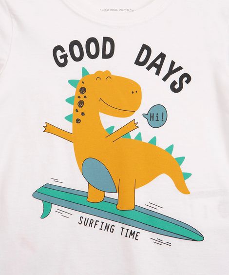 conjunto infantil manga curta + short dinossauro surf  off white