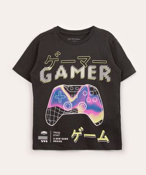 camiseta infantil manga curta gamer  cinza escuro