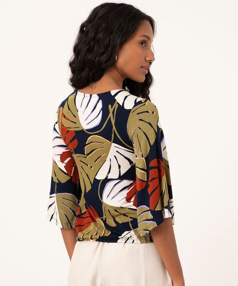 blusa com amarração folhagem manga curta ampla decote v azul marinho