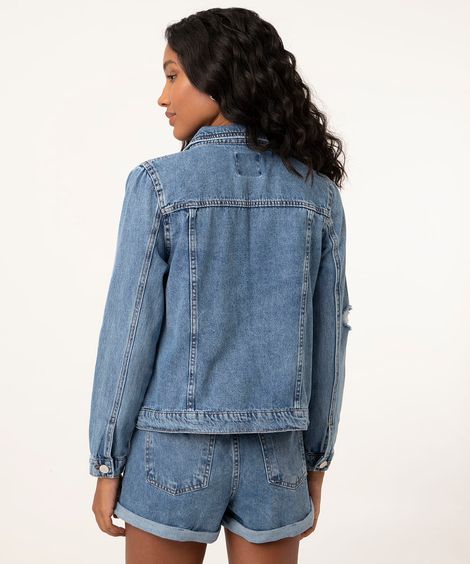 jaqueta jeans destroyed azul médio