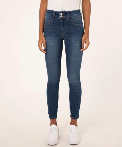 calça jeans super skinny pull up cintura média azul escuro