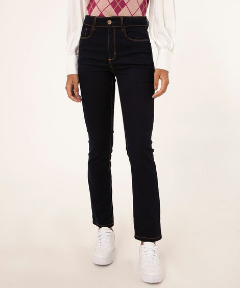 calça jeans reta feminina cintura alta azul