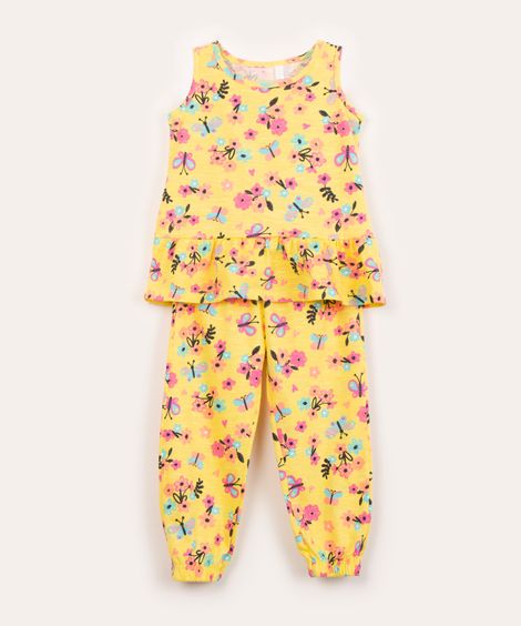 conjunto infantil blusa + calça floral borboleta  amarelo