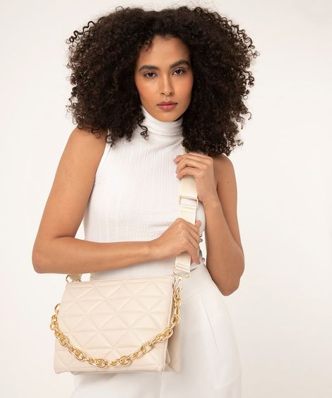bolsa transversal matelassê com corrente off white