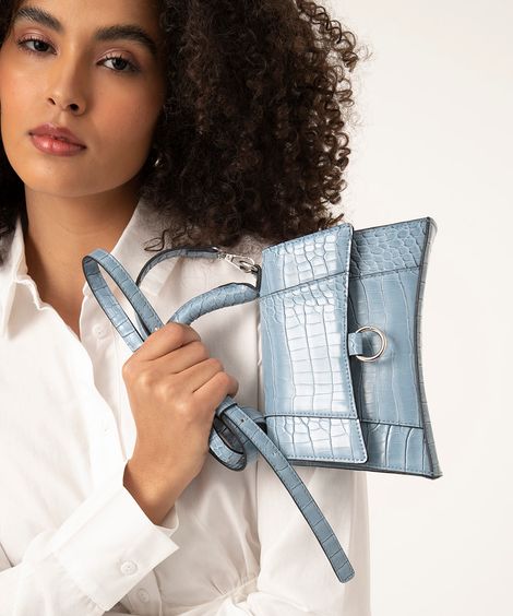 bolsa transversal croco com alça de mão azul